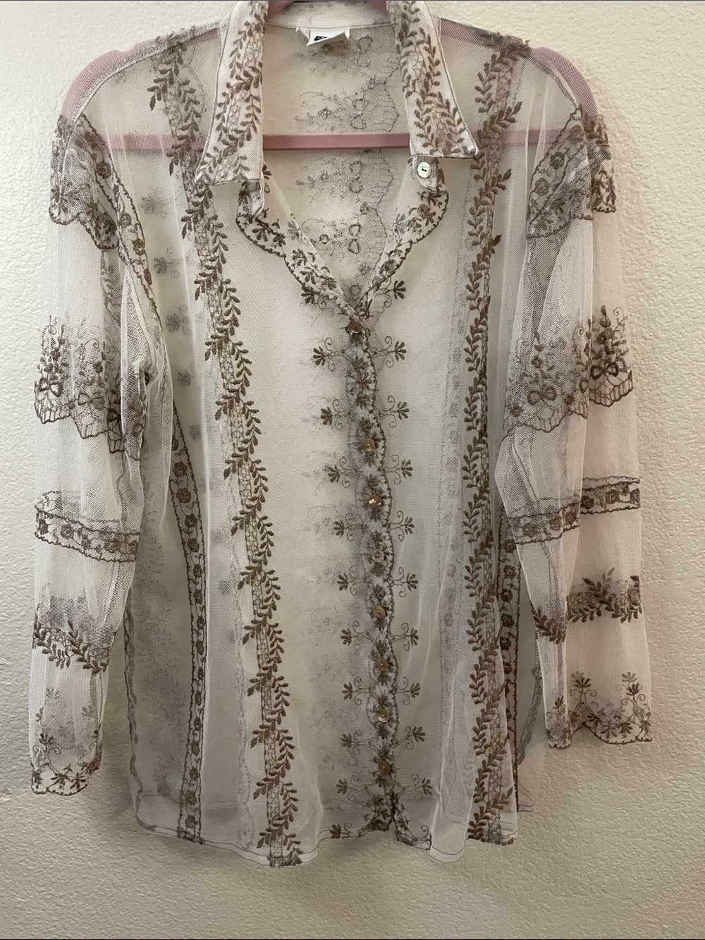Johnny Was Sheer Cream Blouse Brown Embroidered fair romantic M 25x29